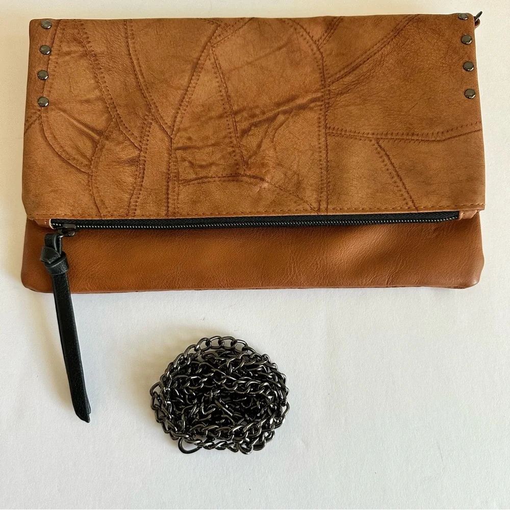 Tan Faux Leather Fold-Over Clutch‎ Crossbody with Chain Strap
